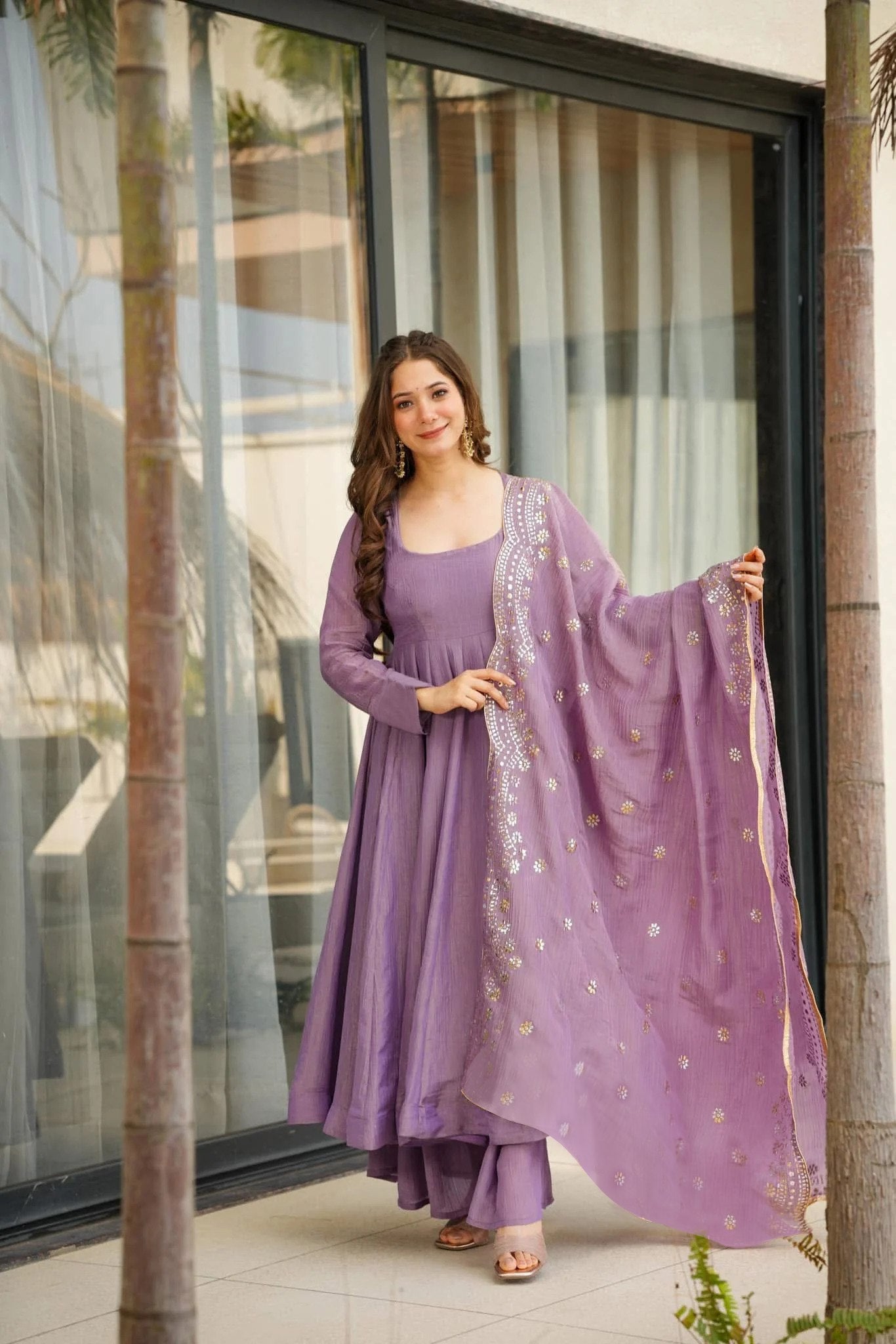 Charming Lavender Flared Kurta Set with Golden Detailing