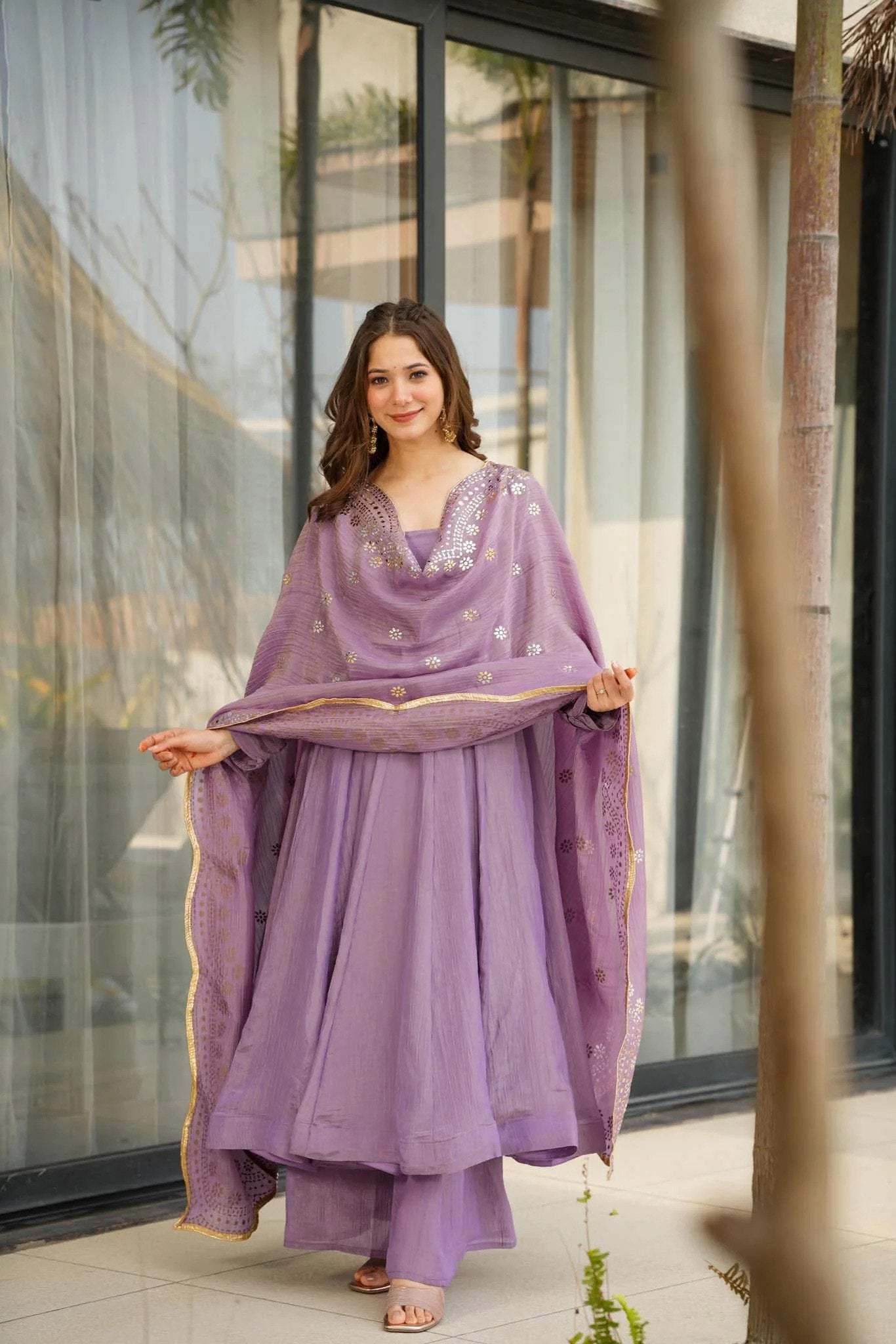 Charming Lavender Flared Kurta Set with Golden Detailing