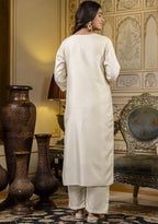 Ivory Silk & Chanderi Kurta with Red Dori Embroidery & Organza Dupatta