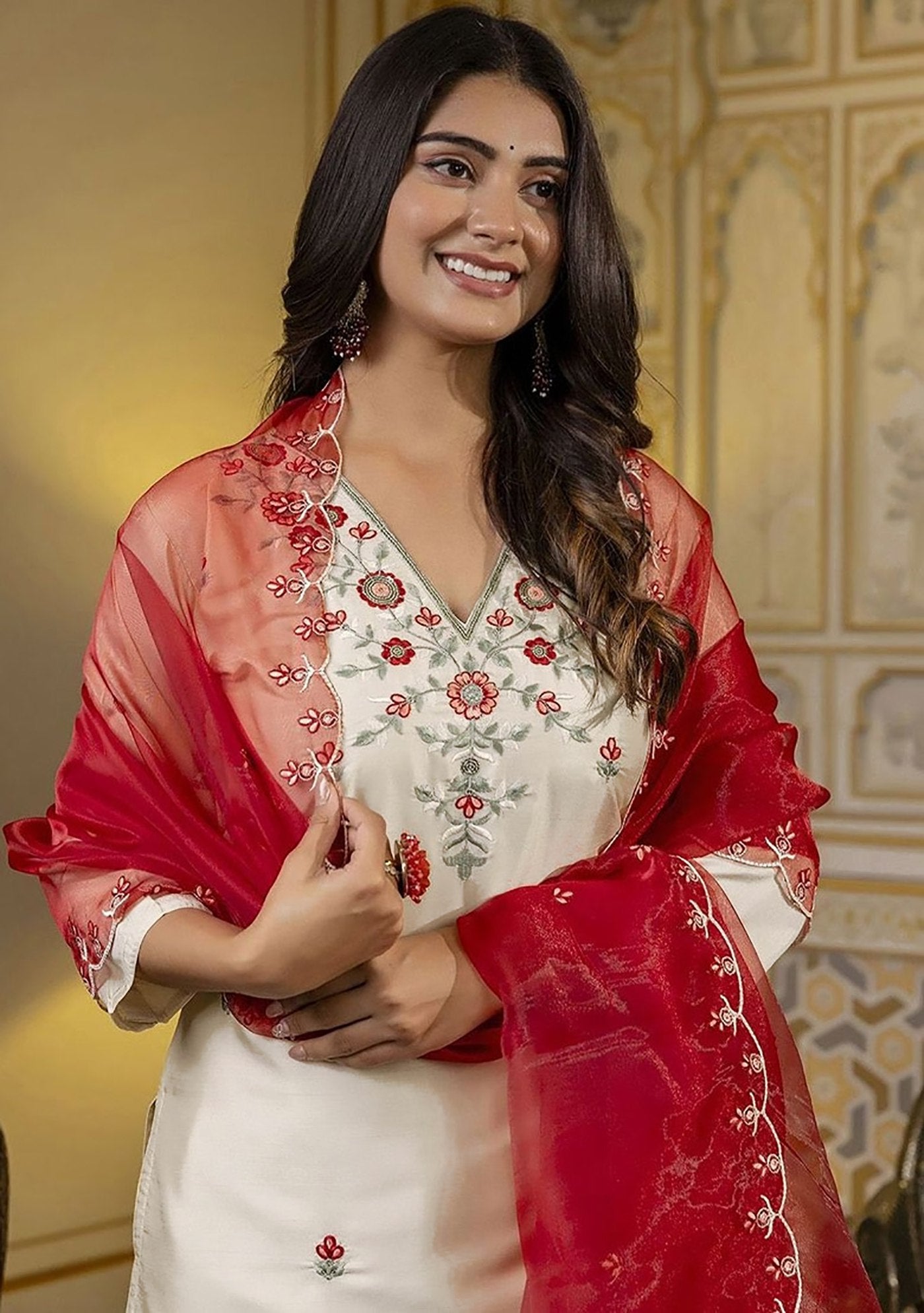 Ivory Silk & Chanderi Kurta with Red Dori Embroidery & Organza Dupatta