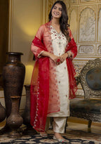 Ivory Silk & Chanderi Kurta with Red Dori Embroidery & Organza Dupatta