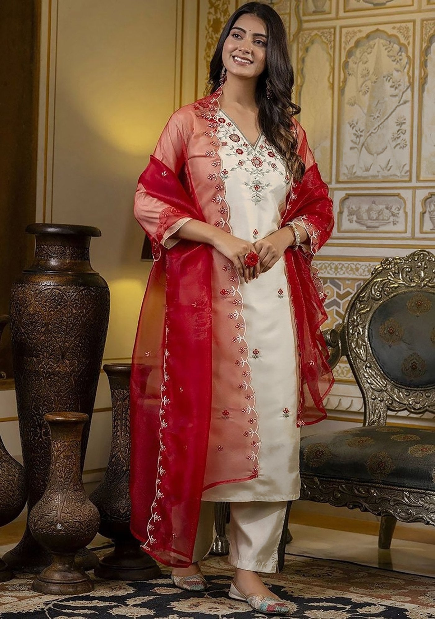 Ivory Silk & Chanderi Kurta with Red Dori Embroidery & Organza Dupatta
