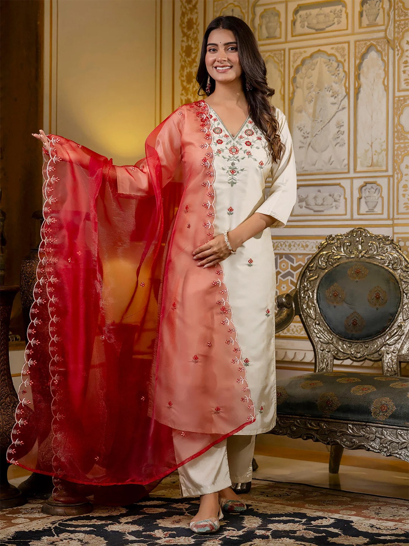 Ivory Silk & Chanderi Kurta with Red Dori Embroidery & Organza Dupatta