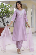 Lavender Chinon Embellished Straight Kurta with Pants & Dupatta Set