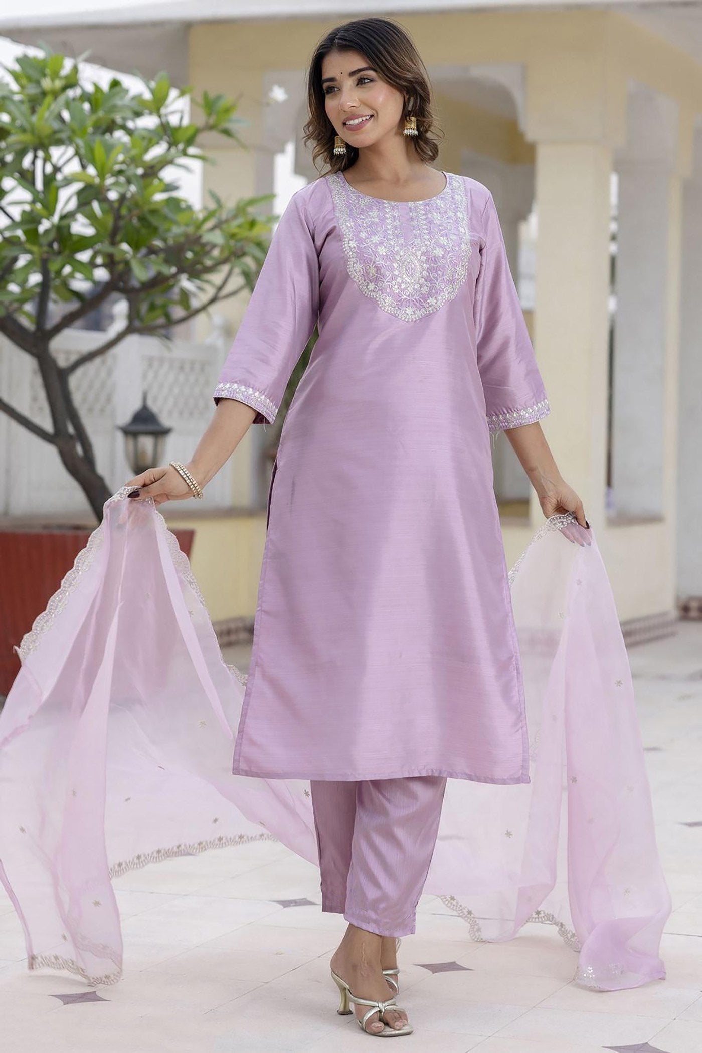 Lavender Chinon Embellished Straight Kurta with Pants & Dupatta Set