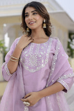 Lavender Chinon Embellished Straight Kurta with Pants & Dupatta Set