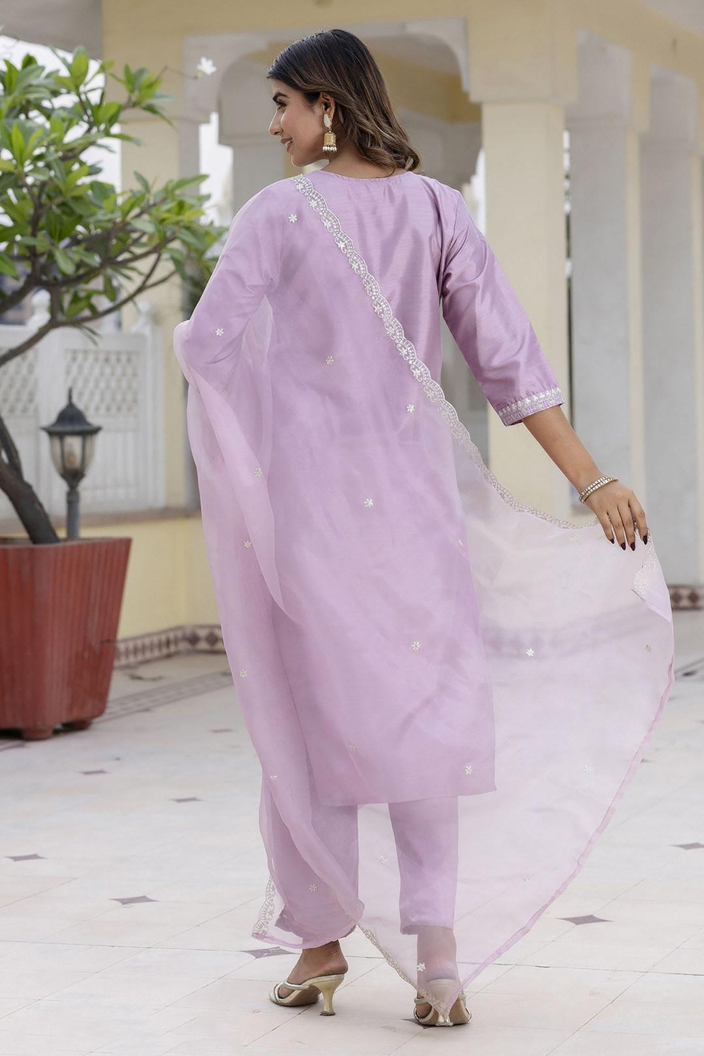 Lavender Chinon Embellished Straight Kurta with Pants & Dupatta Set