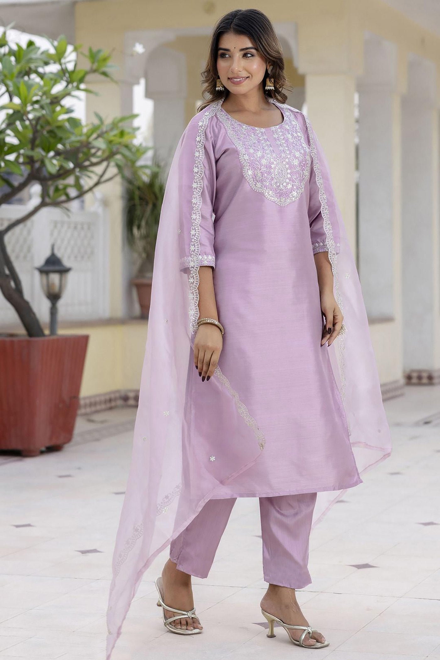 Lavender Chinon Embellished Straight Kurta with Pants & Dupatta Set