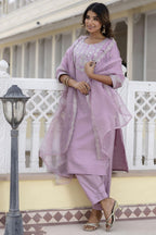 Lavender Chinon Embellished Straight Kurta with Pants & Dupatta Set