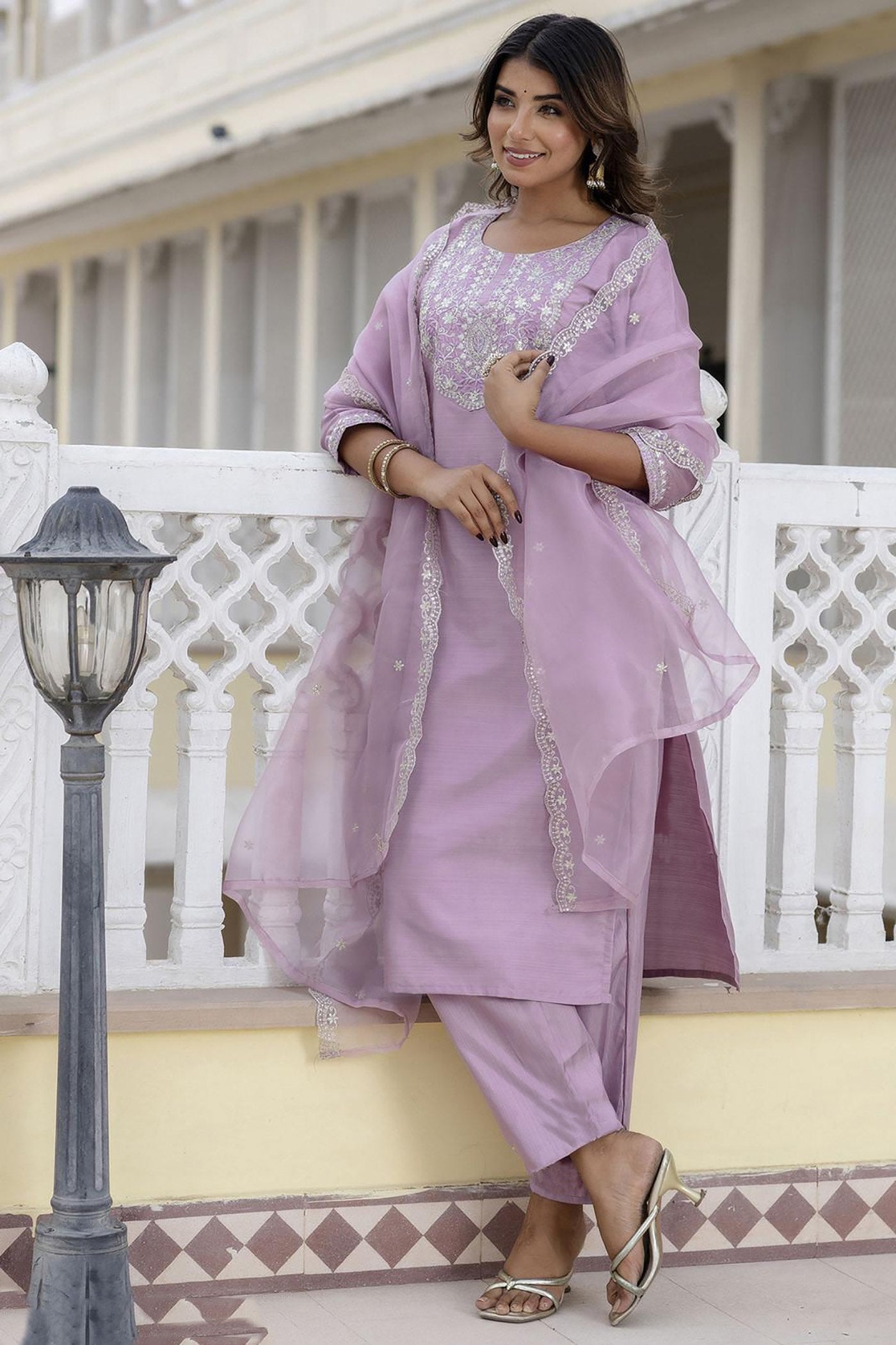 Lavender Chinon Embellished Straight Kurta with Pants & Dupatta Set