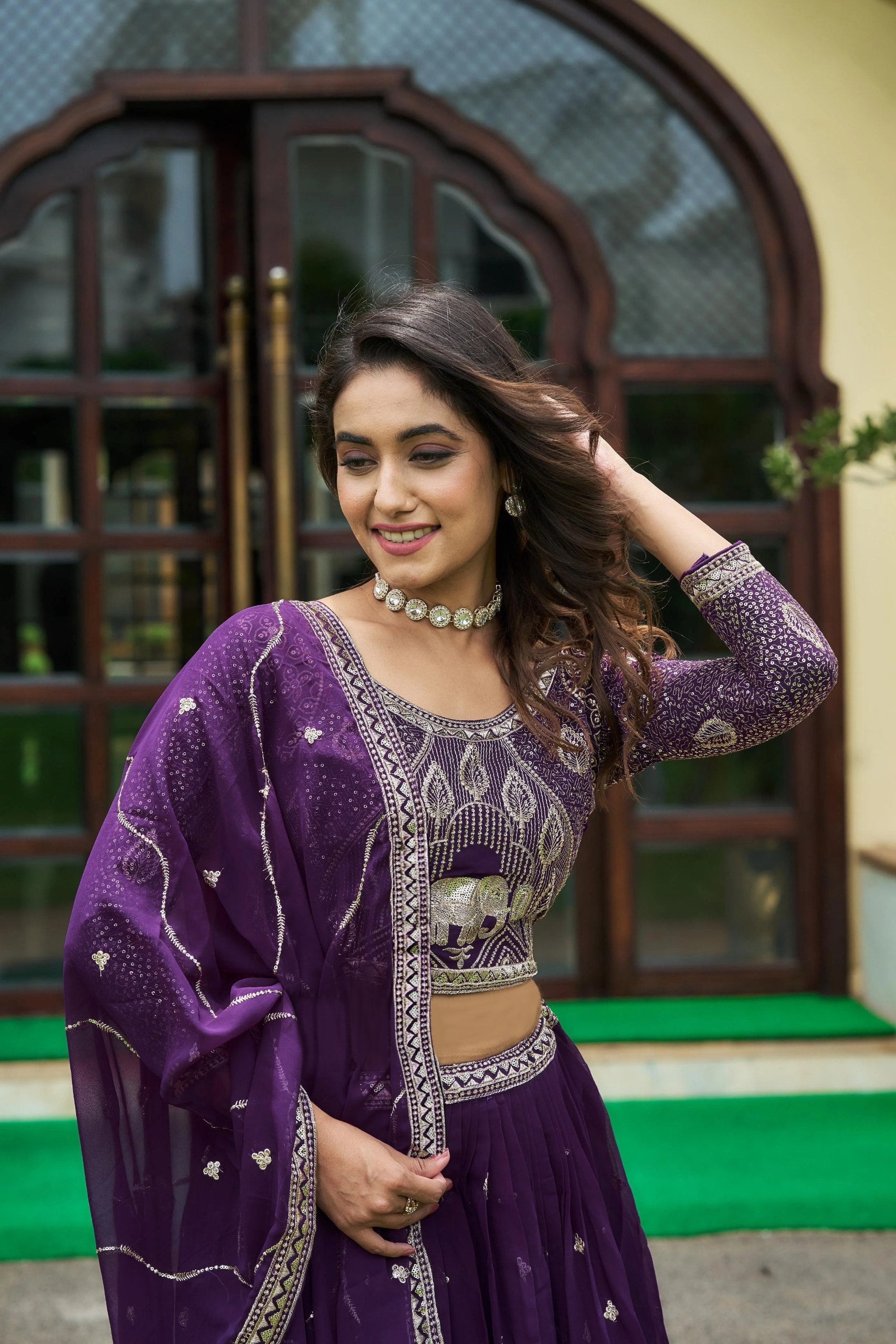 Royal Purple Silk Lehenga Set with Elephant Motif Zardozi Embroidery
