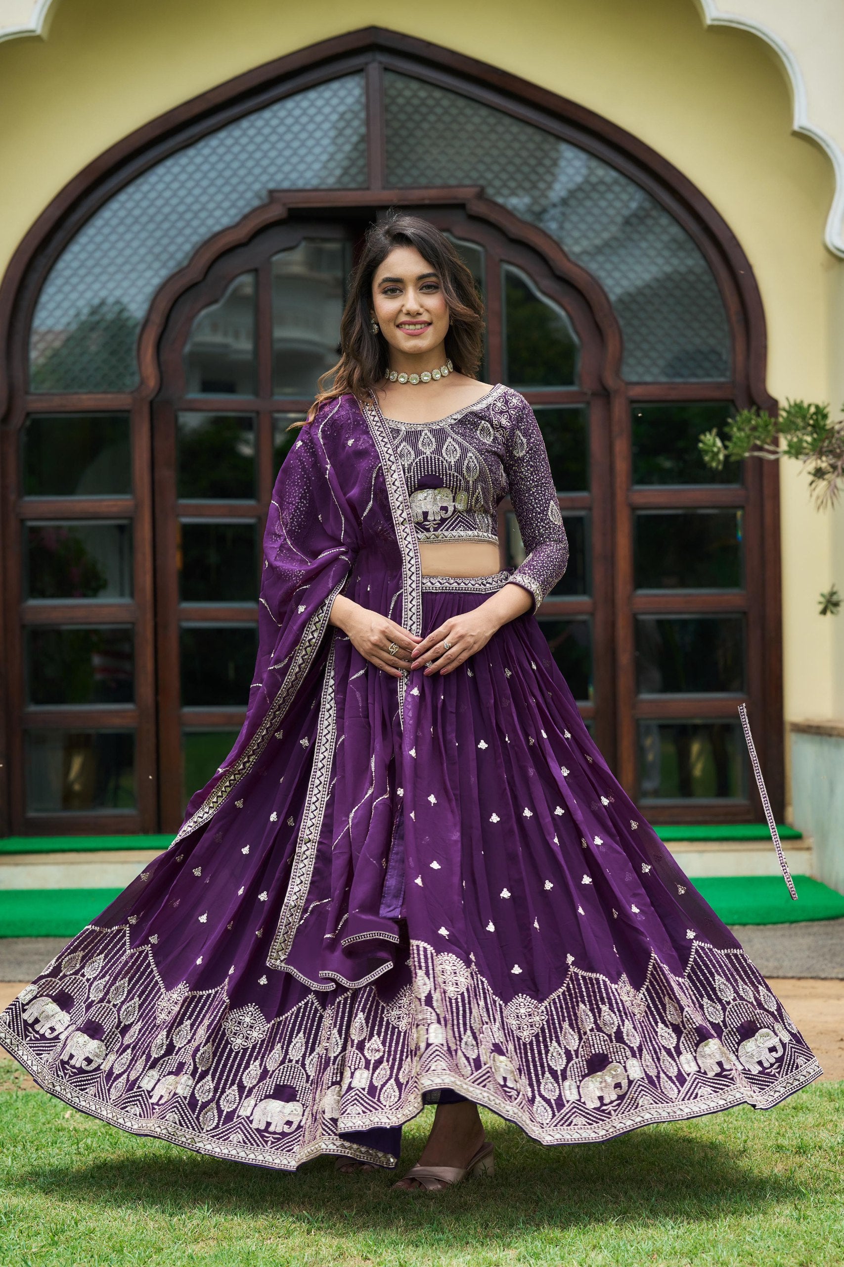 Royal Purple Silk Lehenga Set with Elephant Motif Zardozi Embroidery
