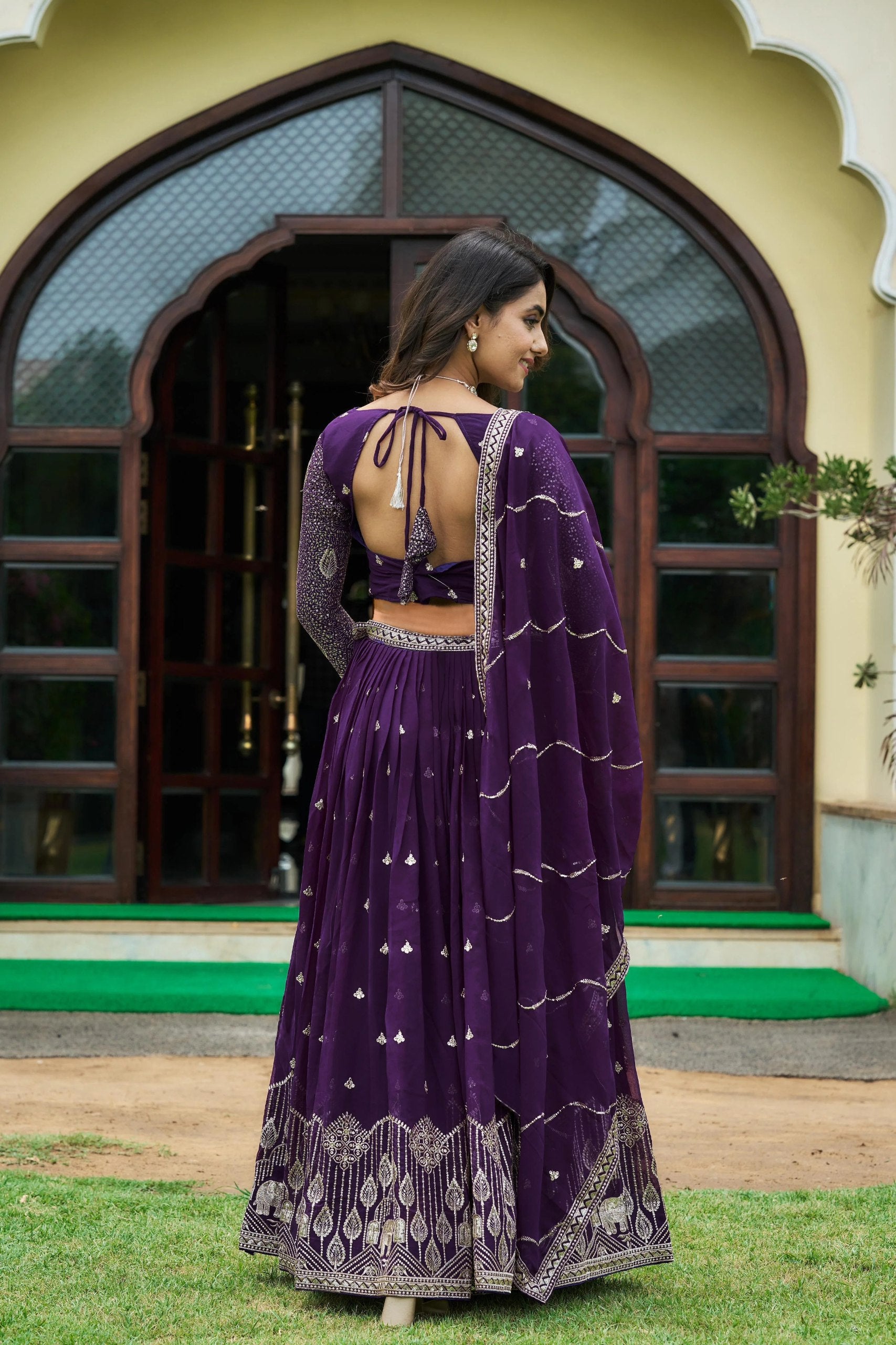 Royal Purple Silk Lehenga Set with Elephant Motif Zardozi Embroidery
