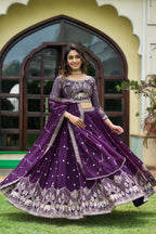 Royal Purple Silk Lehenga Set with Elephant Motif Zardozi Embroidery
