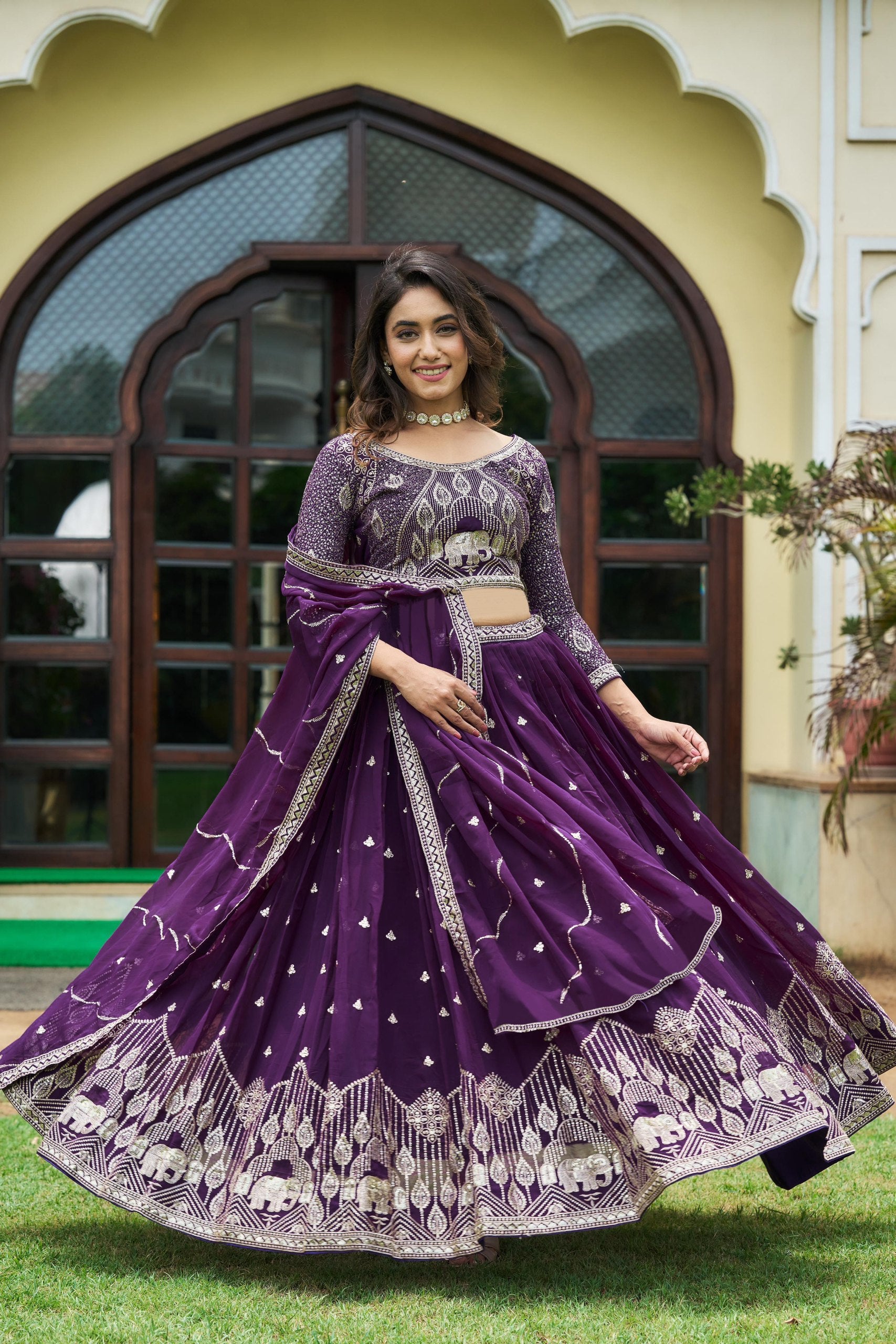 Royal Purple Silk Lehenga Set with Elephant Motif Zardozi Embroidery