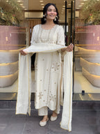 Elegant Cream Kurta Set with Intricate Gold Zari Embroidery and Coordinating Dupatta