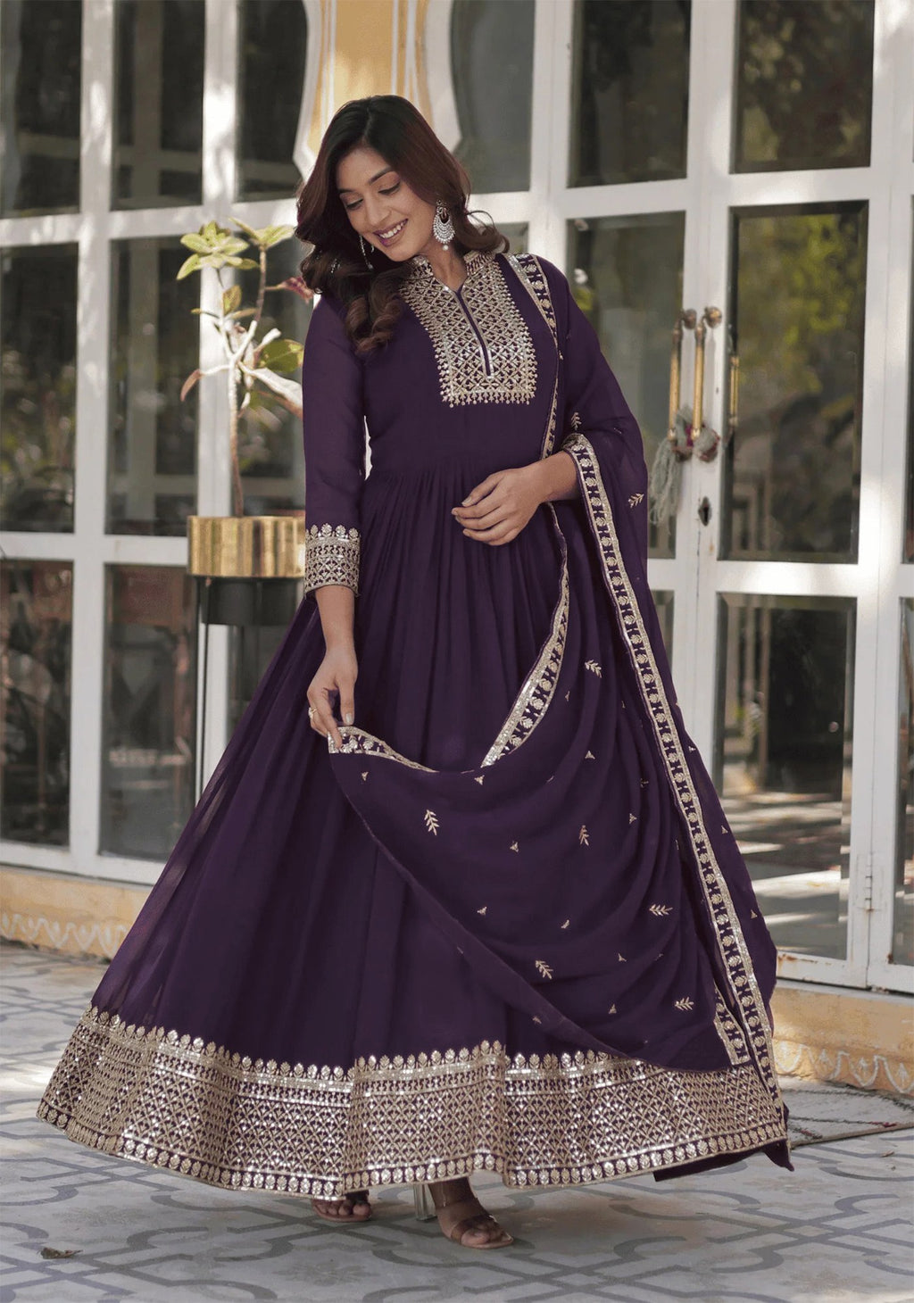Wine Saffron Embroidered Georgette Stitched Anarkali Gown With dupatta