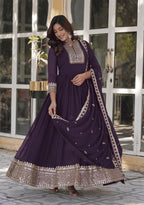Wine Saffron Embroidered Georgette Stitched Anarkali Gown With dupatta