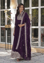 Wine Saffron Embroidered Georgette Stitched Anarkali Gown With dupatta