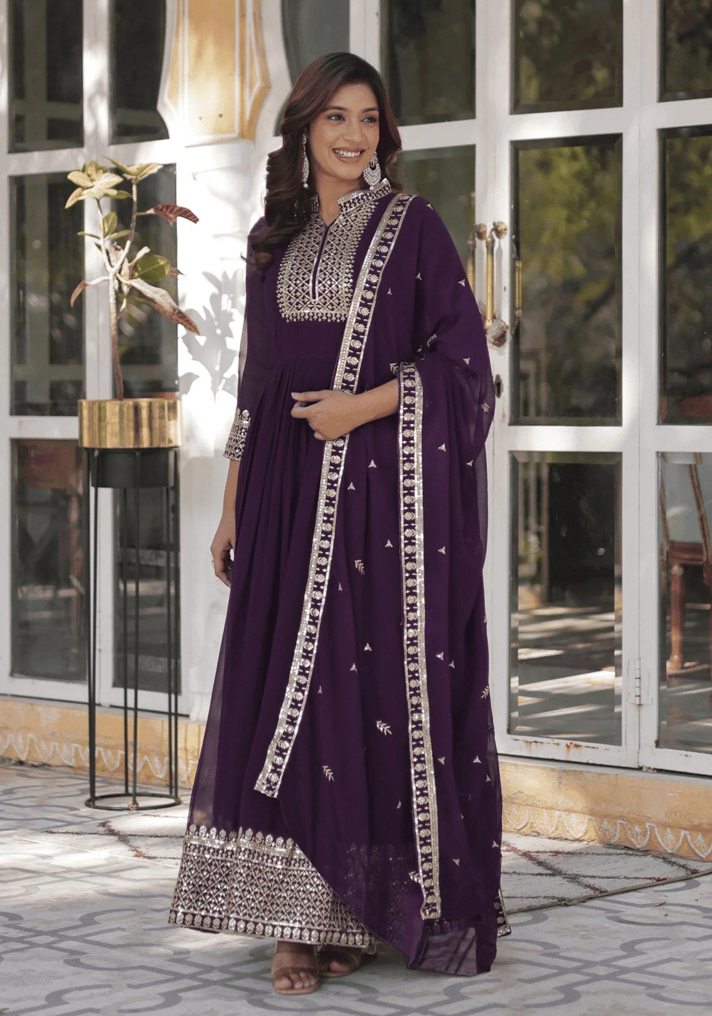 Wine Saffron Embroidered Georgette Stitched Anarkali Gown With dupatta