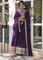 Wine Saffron Embroidered Georgette Stitched Anarkali Gown With dupatta