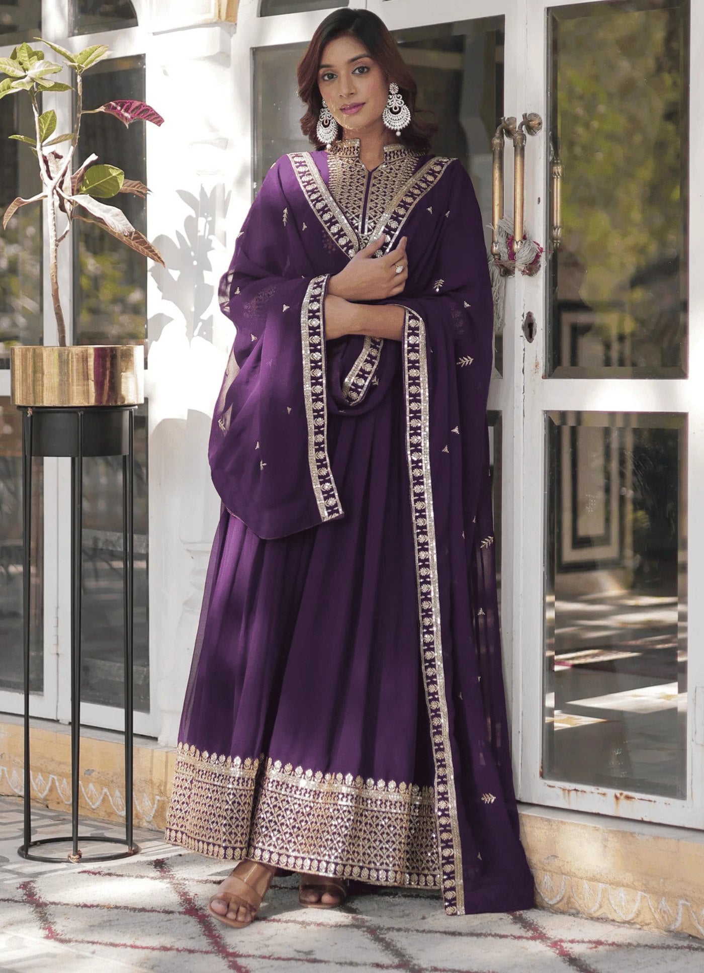 Wine Saffron Embroidered Georgette Stitched Anarkali Gown With dupatta