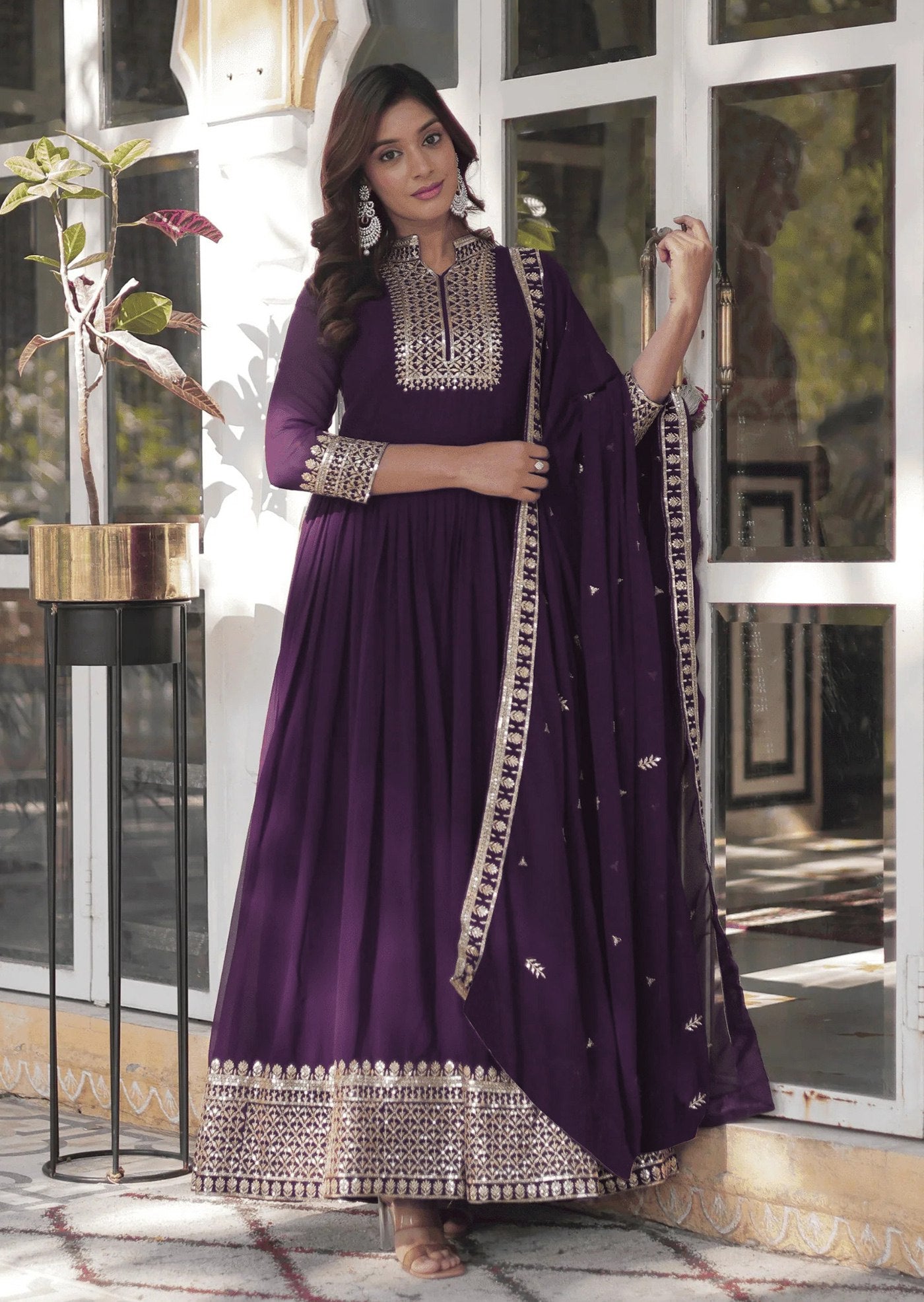 Wine Saffron Embroidered Georgette Stitched Anarkali Gown With dupatta