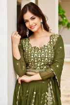 Elegant Olive Green Embroidered Georgette Lehenga Choli with Dupatta