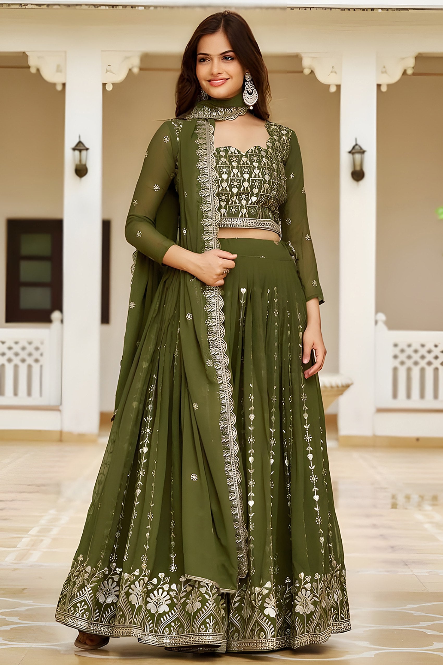 Elegant Olive Green Embroidered Georgette Lehenga Choli with Dupatta