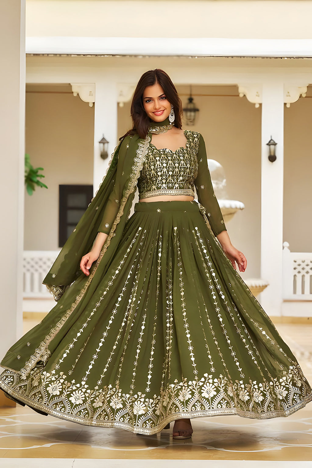 Elegant Olive Green Embroidered Georgette Lehenga Choli with Dupatta