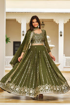 Elegant Olive Green Embroidered Georgette Lehenga Choli with Dupatta