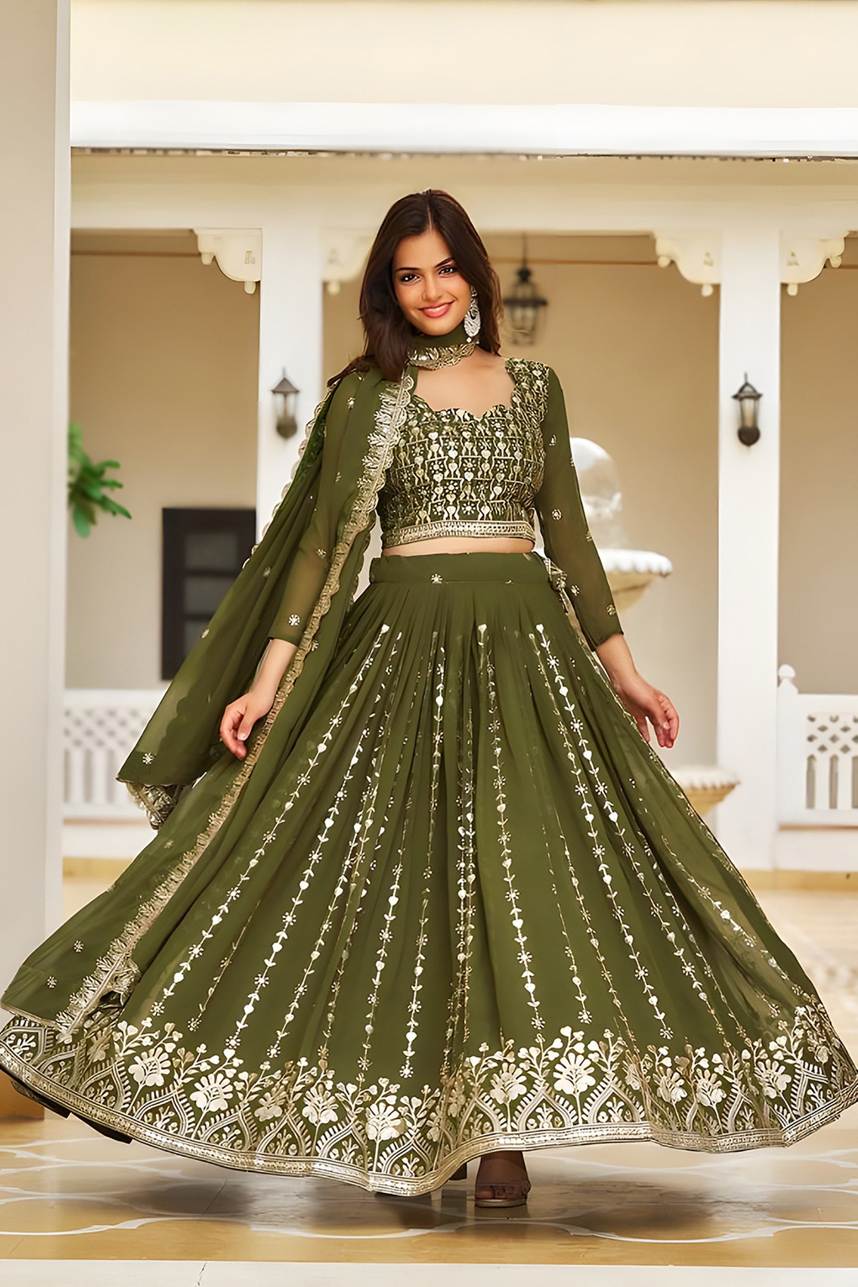 Elegant Olive Green Embroidered Georgette Lehenga Choli with Dupatta