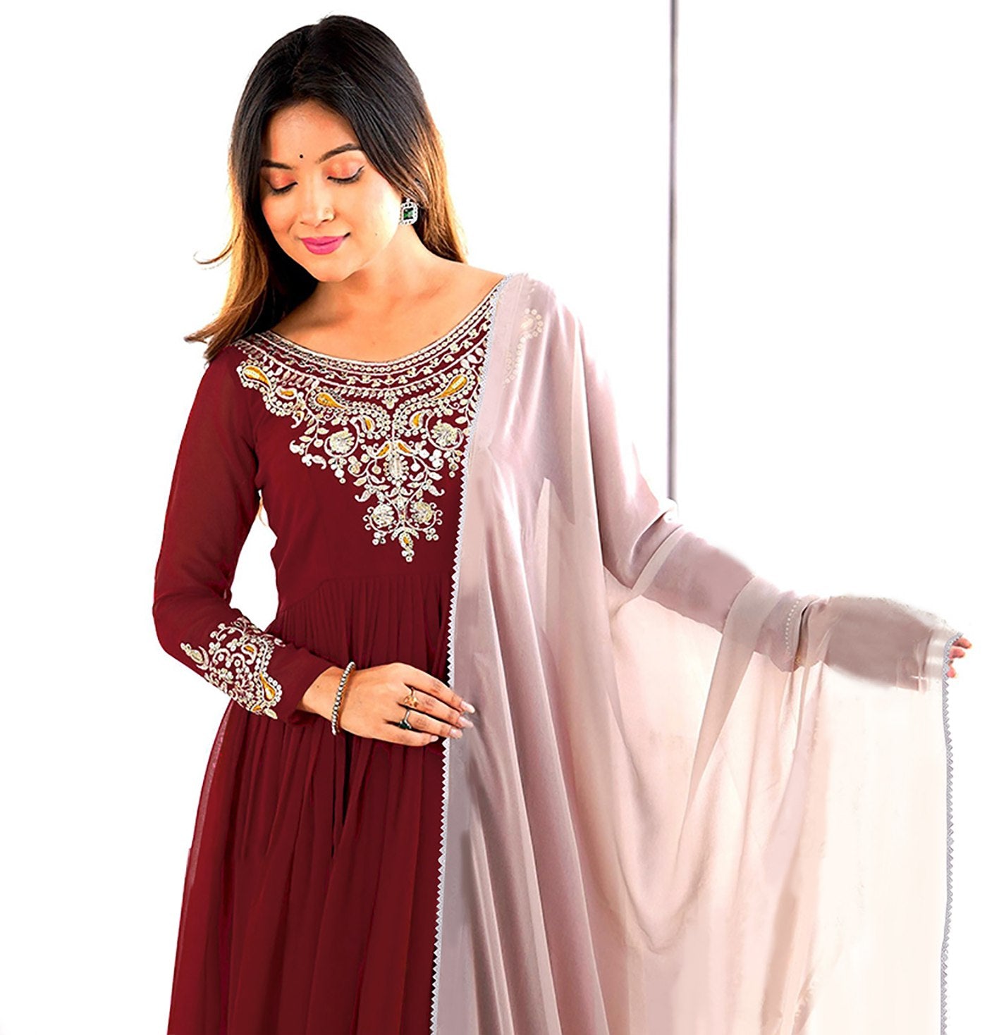 Maroon Exclusive Embroidered Georgette Stitched Anarkali Gown With dupatta