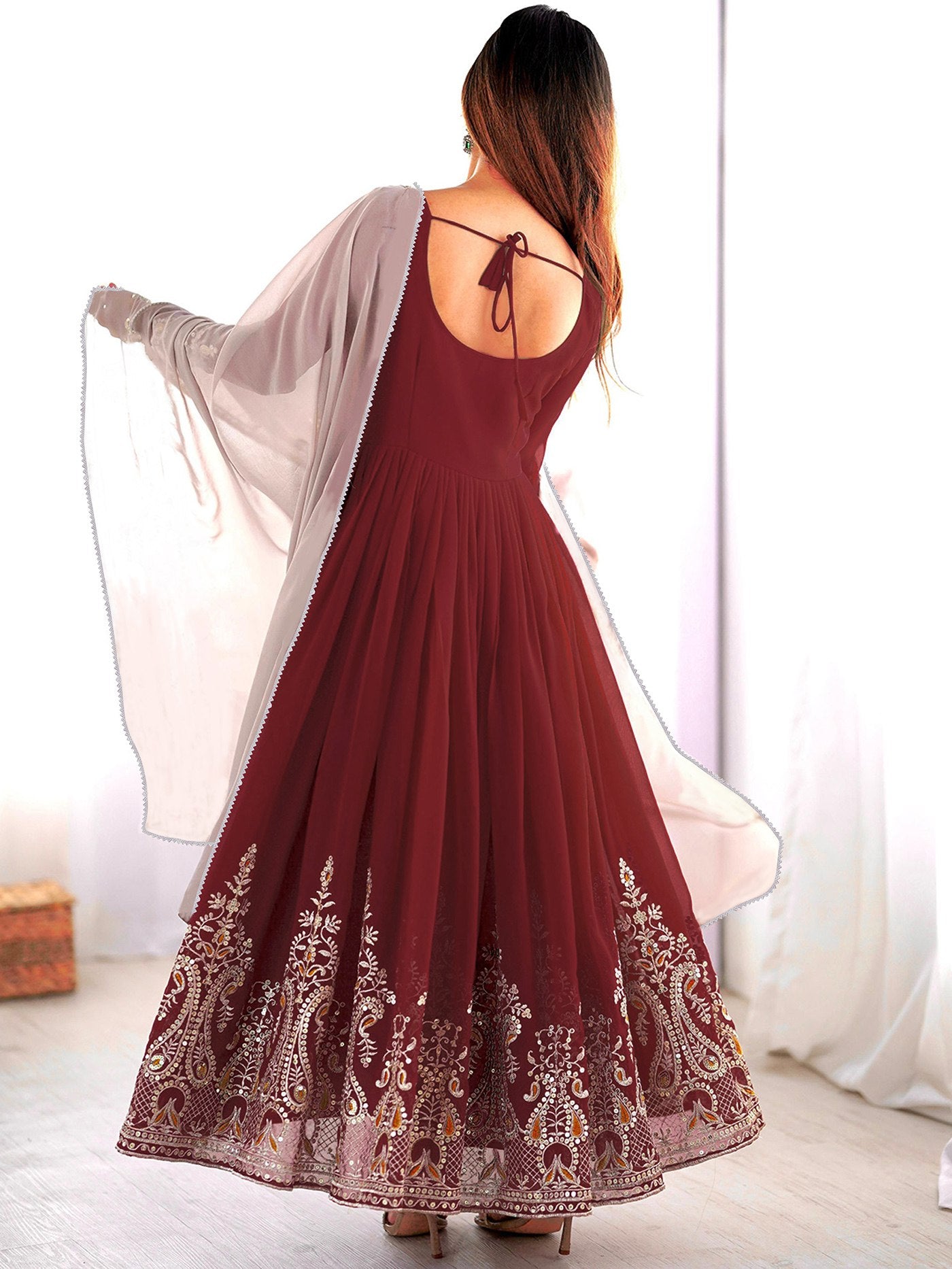 Maroon Exclusive Embroidered Georgette Stitched Anarkali Gown With dupatta
