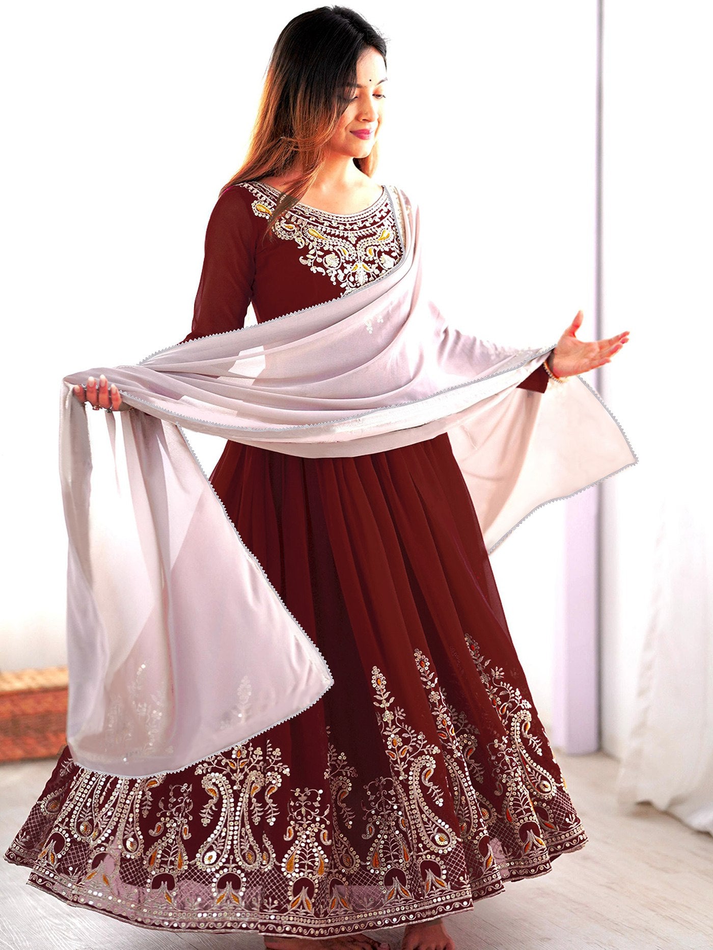 Maroon Exclusive Embroidered Georgette Stitched Anarkali Gown With dupatta
