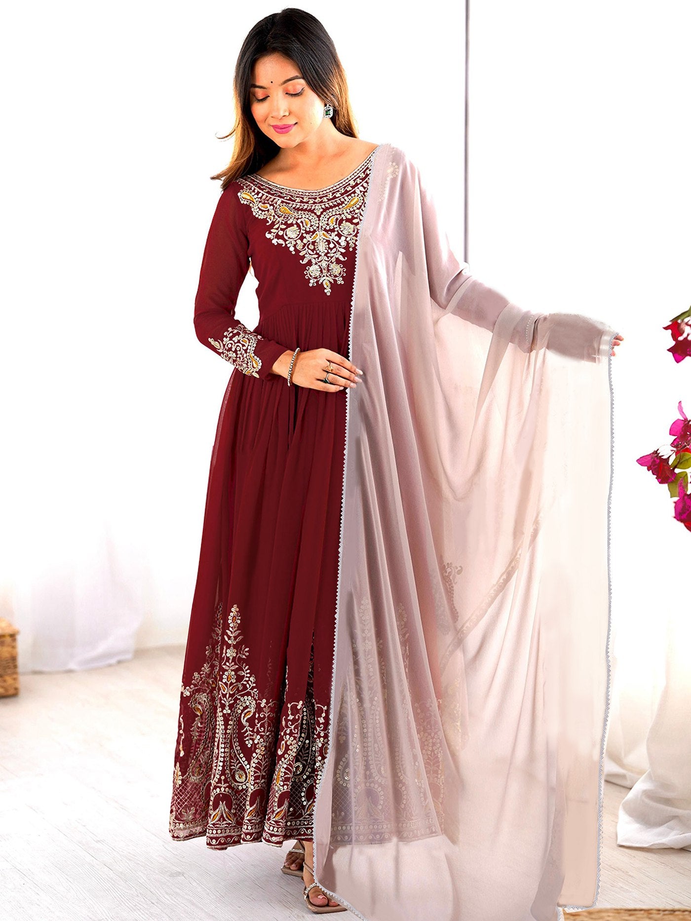 Maroon Exclusive Embroidered Georgette Stitched Anarkali Gown With dupatta