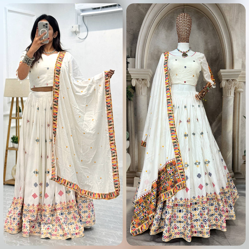 Elegant White Mirror Work Lehenga Choli with Multicolor Embroidered Dupatta