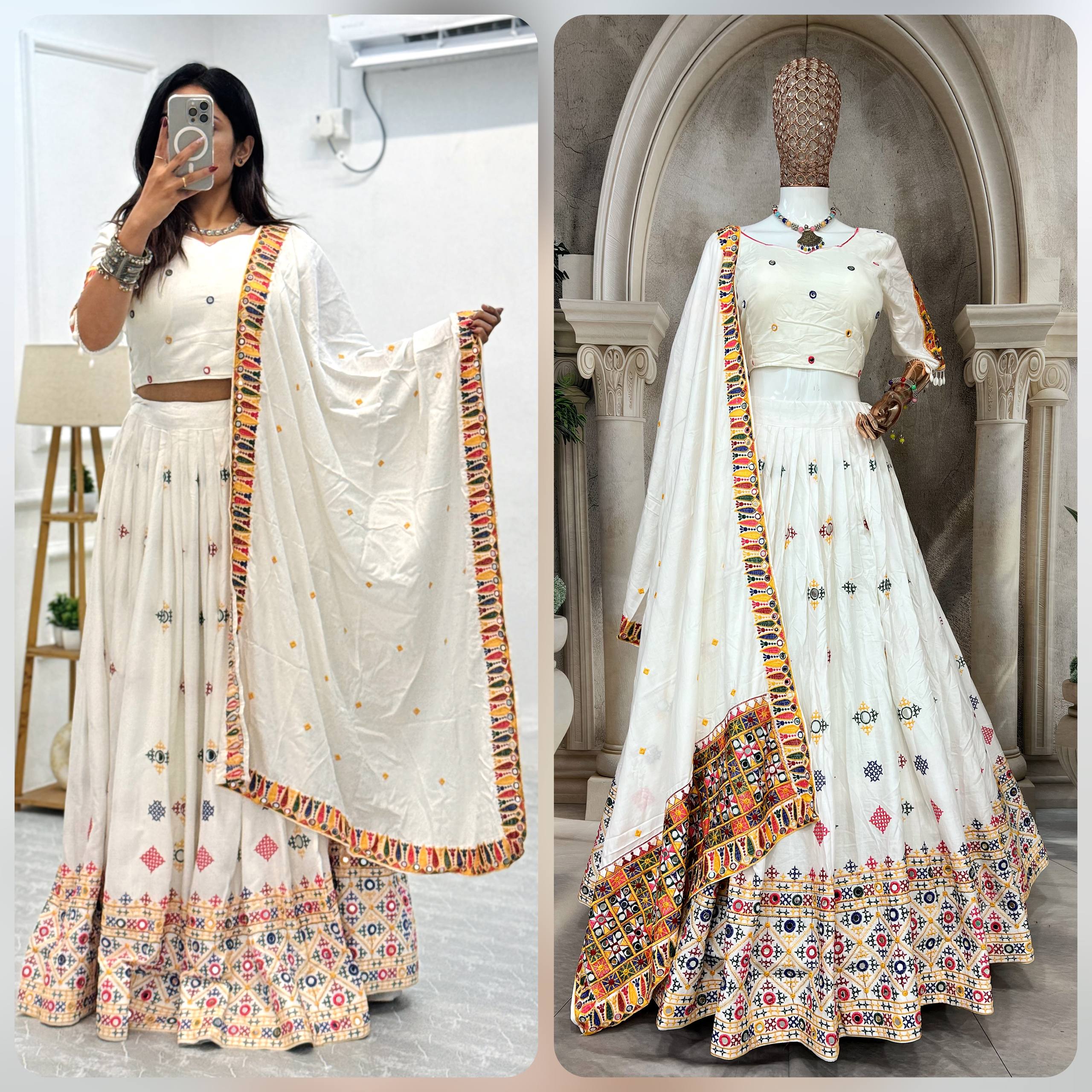 Elegant White Mirror Work Lehenga Choli with Multicolor Embroidered Dupatta