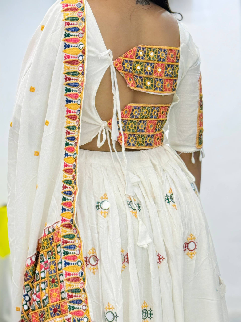 Elegant White Mirror Work Lehenga Choli with Multicolor Embroidered Dupatta