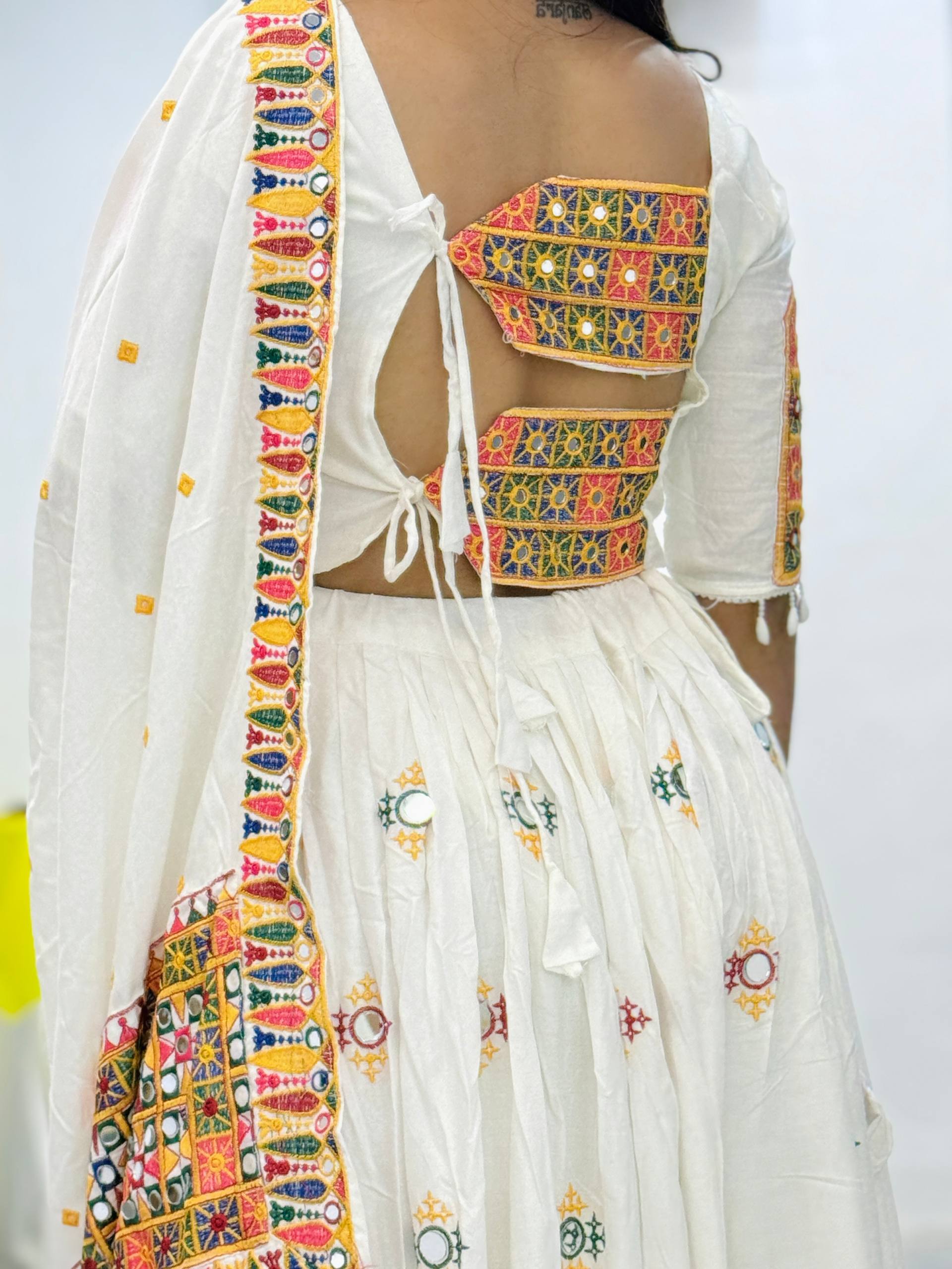 Elegant White Mirror Work Lehenga Choli with Multicolor Embroidered Dupatta