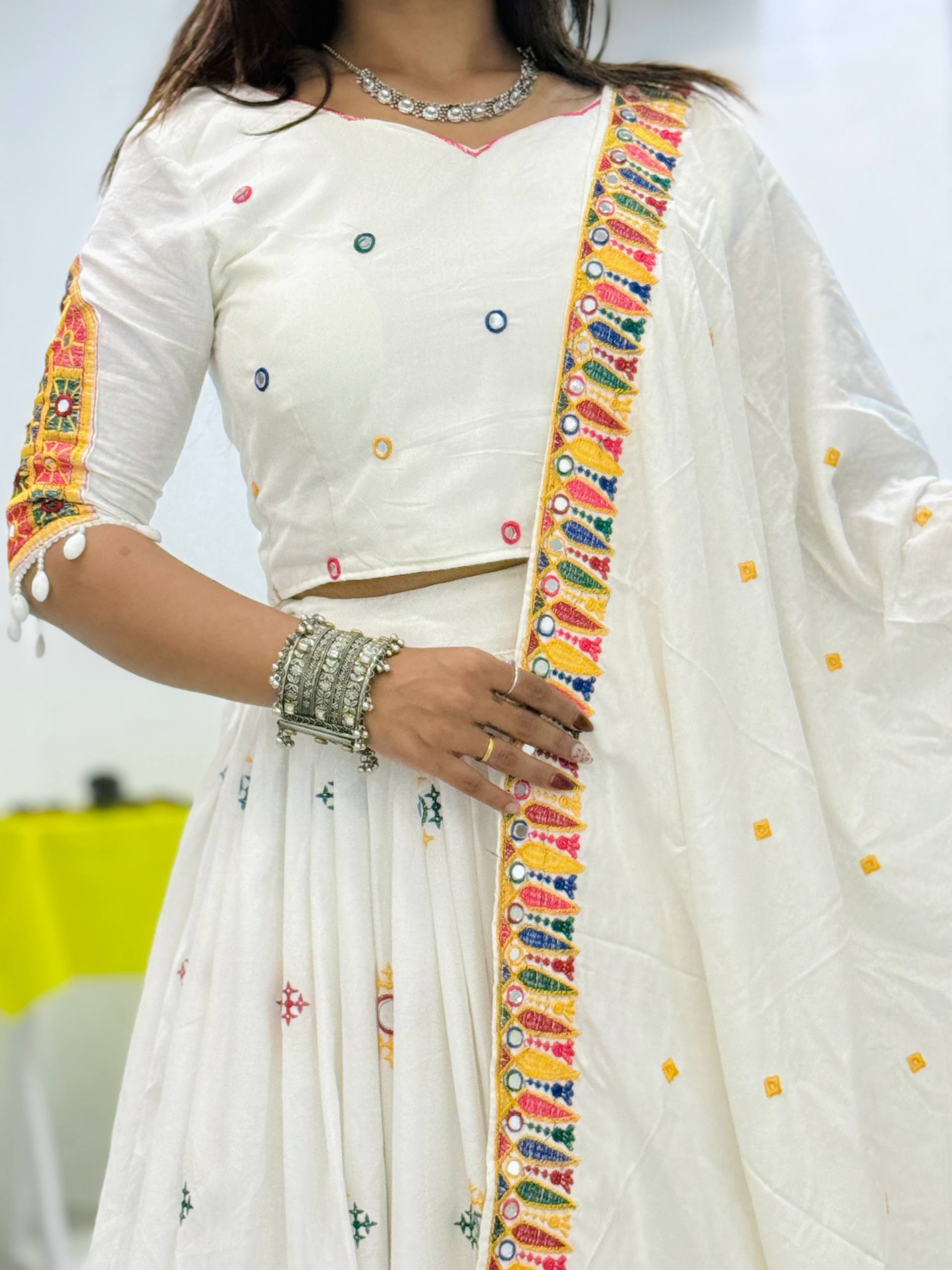 Elegant White Mirror Work Lehenga Choli with Multicolor Embroidered Dupatta