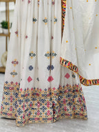 Elegant White Mirror Work Lehenga Choli with Multicolor Embroidered Dupatta