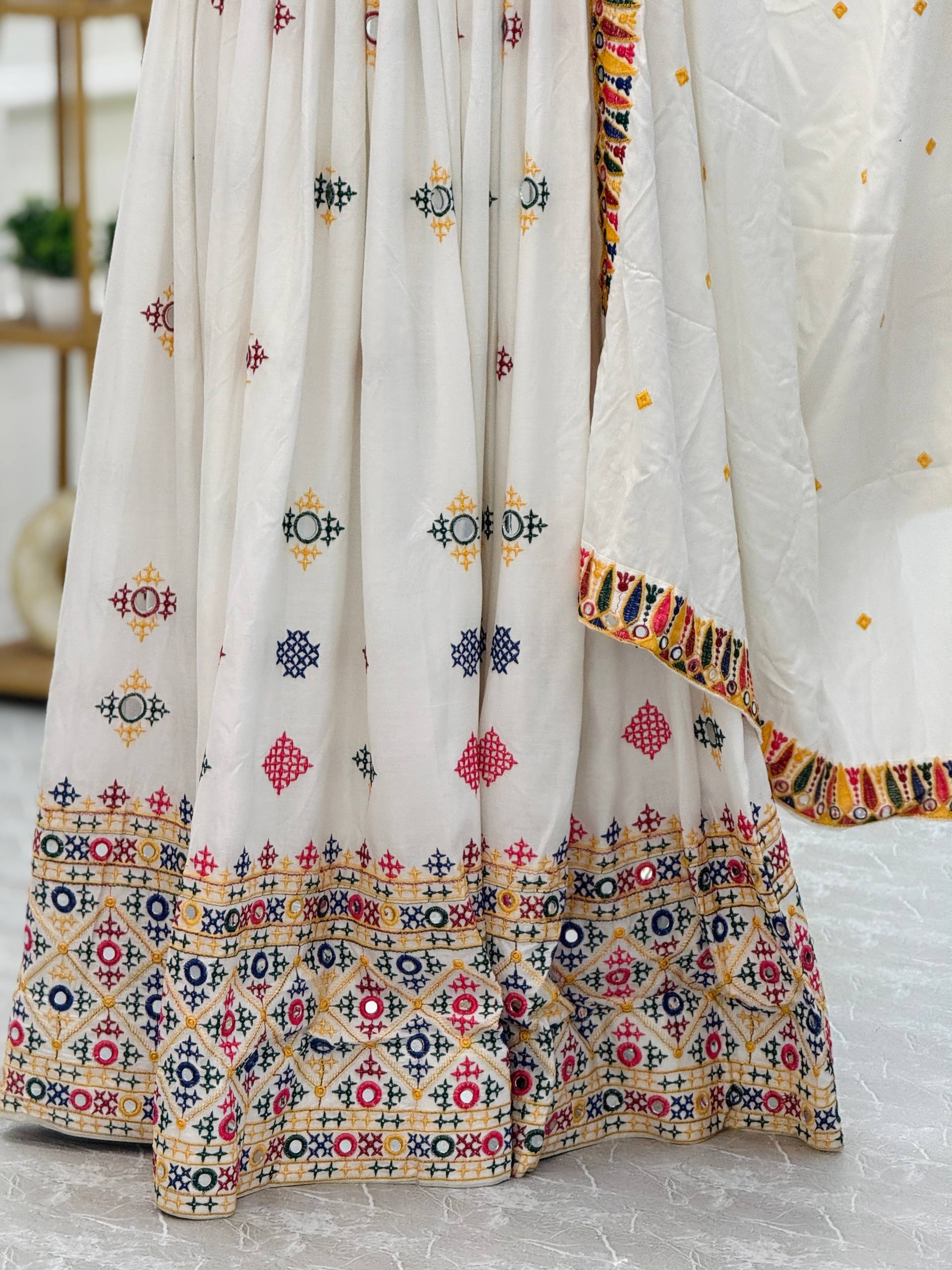 Elegant White Mirror Work Lehenga Choli with Multicolor Embroidered Dupatta