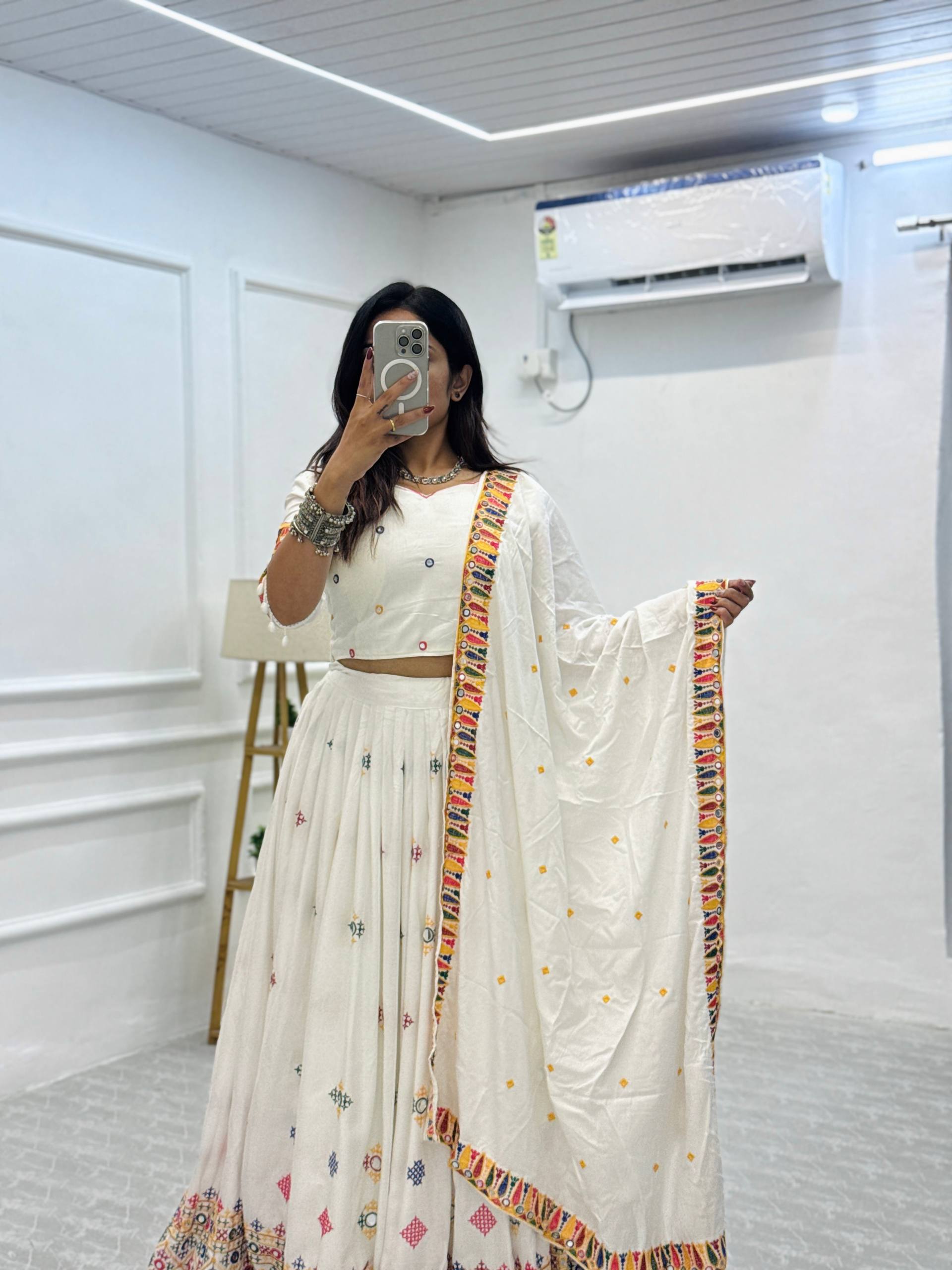 Elegant White Mirror Work Lehenga Choli with Multicolor Embroidered Dupatta