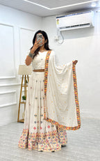 Elegant White Mirror Work Lehenga Choli with Multicolor Embroidered Dupatta