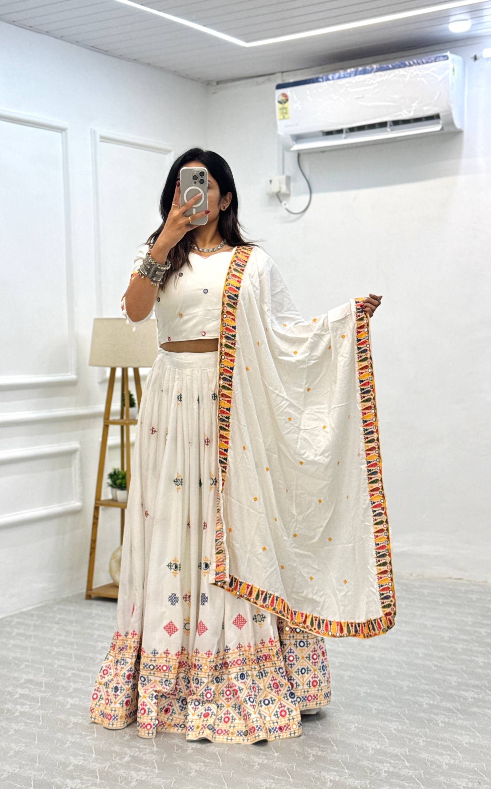 Elegant White Mirror Work Lehenga Choli with Multicolor Embroidered Dupatta