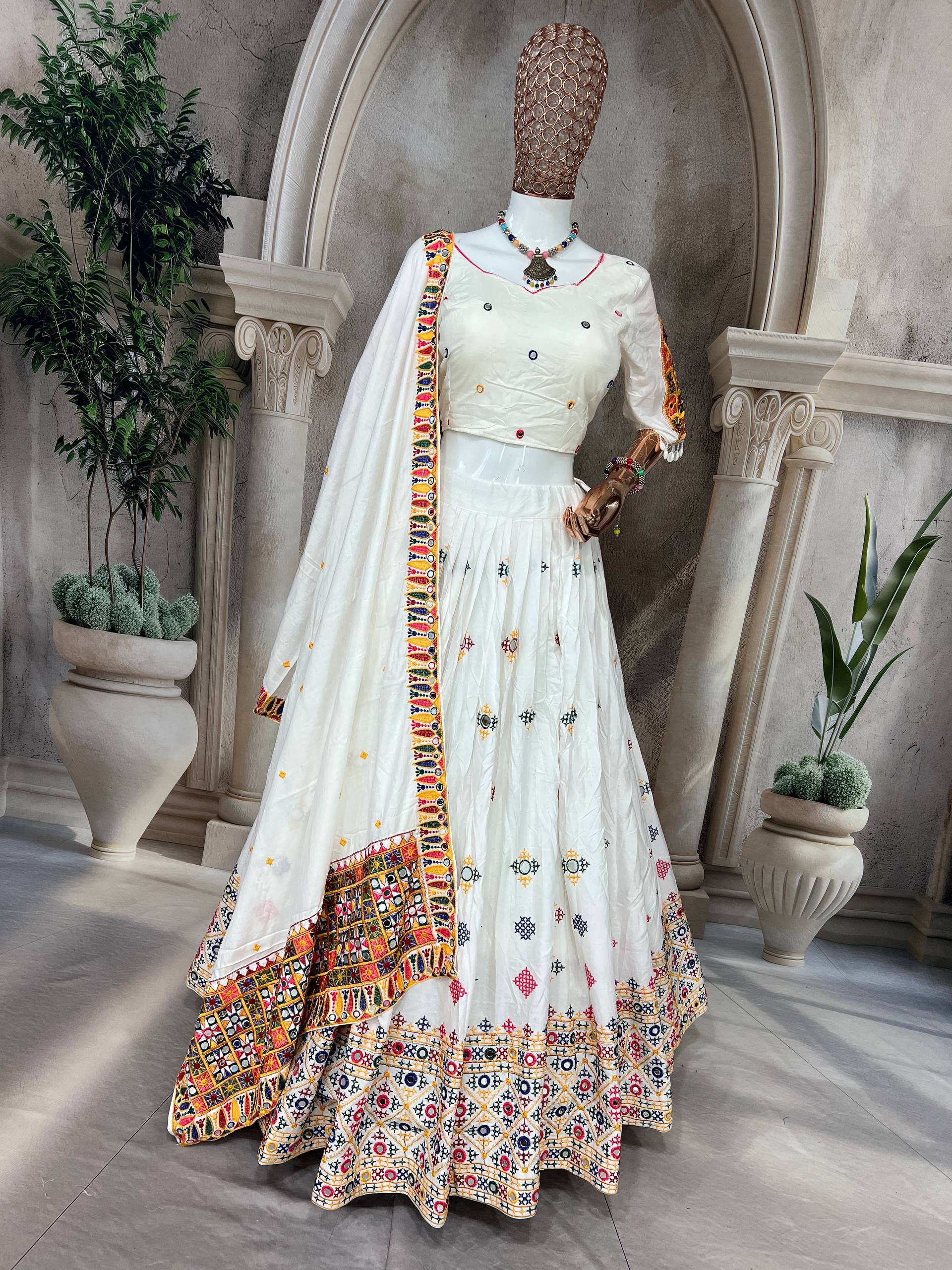 Elegant White Mirror Work Lehenga Choli with Multicolor Embroidered Dupatta