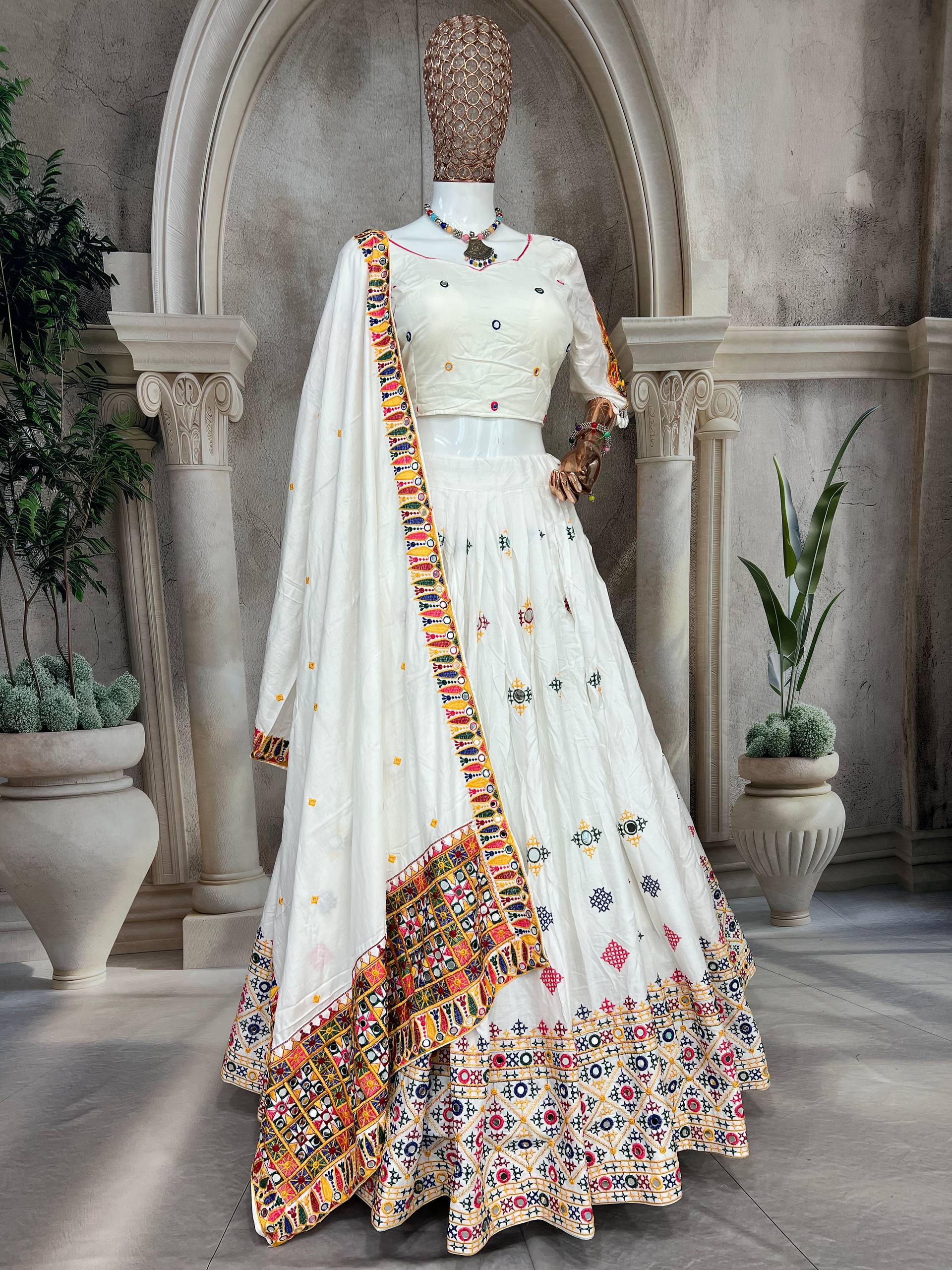 Elegant White Mirror Work Lehenga Choli with Multicolor Embroidered Dupatta