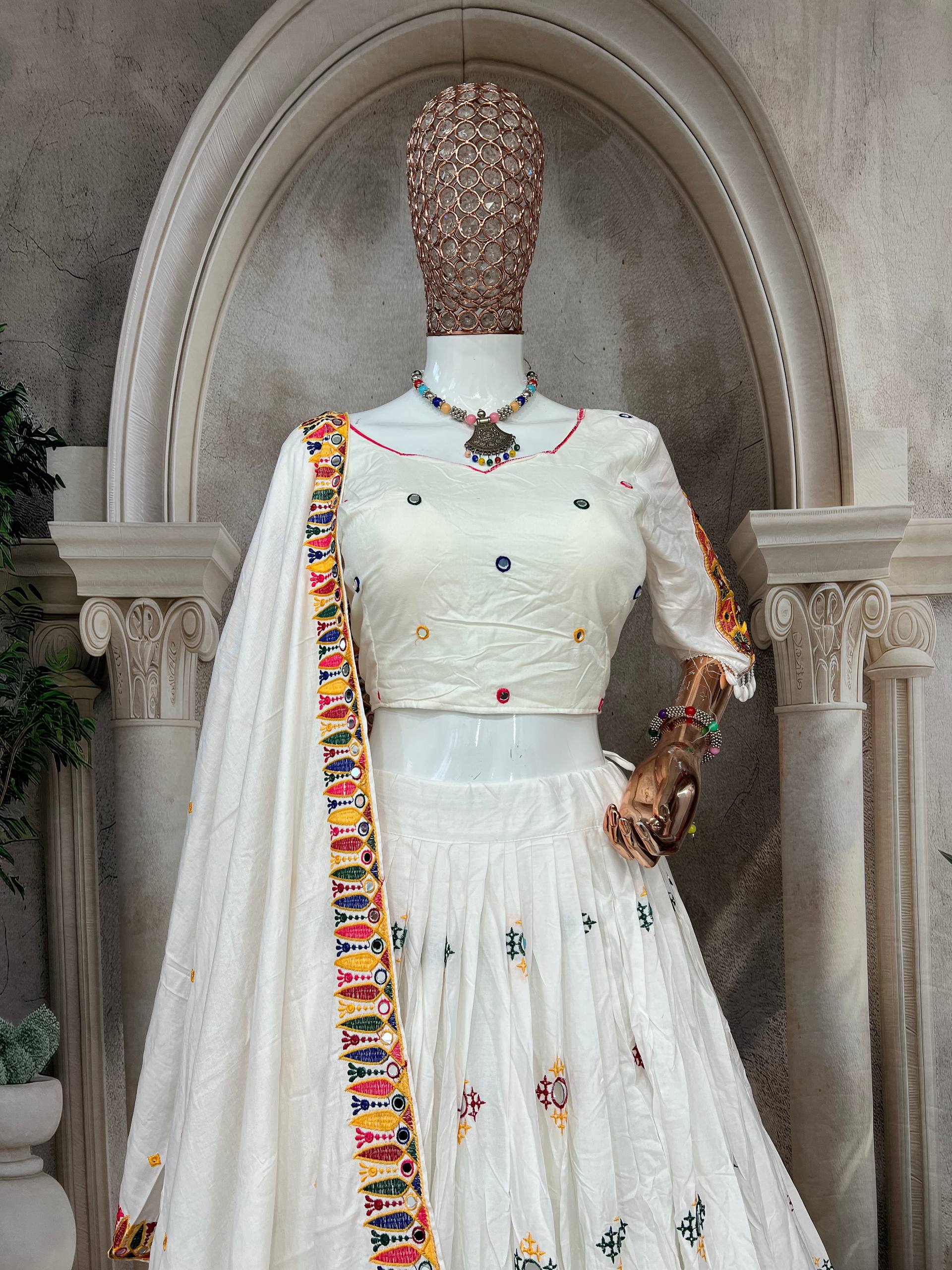 Elegant White Mirror Work Lehenga Choli with Multicolor Embroidered Dupatta