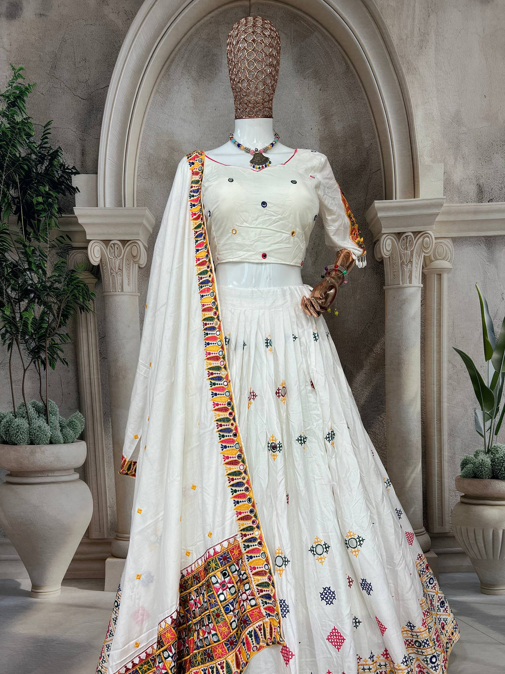 Elegant White Mirror Work Lehenga Choli with Multicolor Embroidered Dupatta